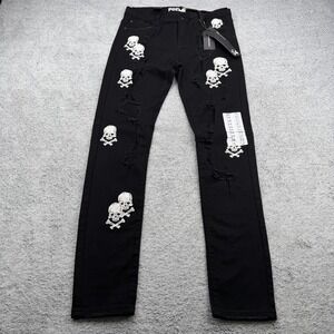 PREME Jeans Mens 34x33 Black Distressed Slim Fit Stretch Skull Bones Poison